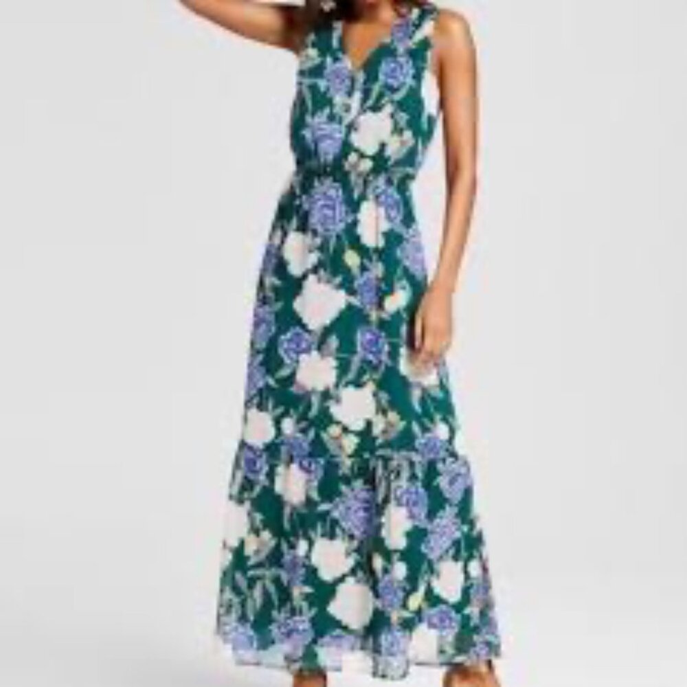 Merona Green Floral Maxi Chiffon Dress Womens XXL‎ Cottagecore Flowy Maxi Party